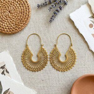 Artisanal 100% Brass Mandala Hoop Earrings Boho Tribal Filigree Drop Statement